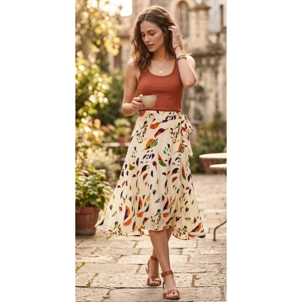 Anthropologie Porridge Bird Print‎ Wrap Midi Skirt Sz Small Cream Multicolor